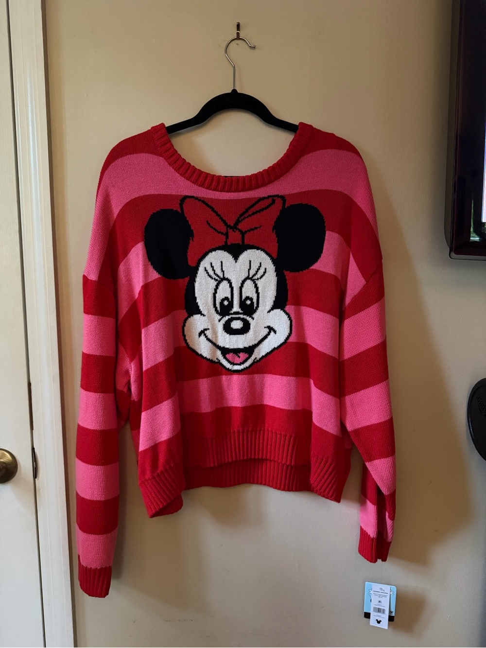 Disney Red & Pink Striped Minnie Mouse Crewneck Sweater. Solid yet very movable.
